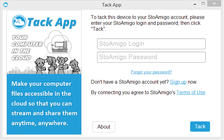 Run the Tack App program. On the welcome screen, enter your StoAmigo Login and password and click “Tack”.