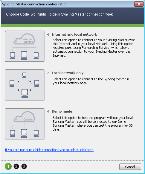 You can choose two ways of syncing your data or quickly connect to the Demo server to see how the program works without setting up a full environment.