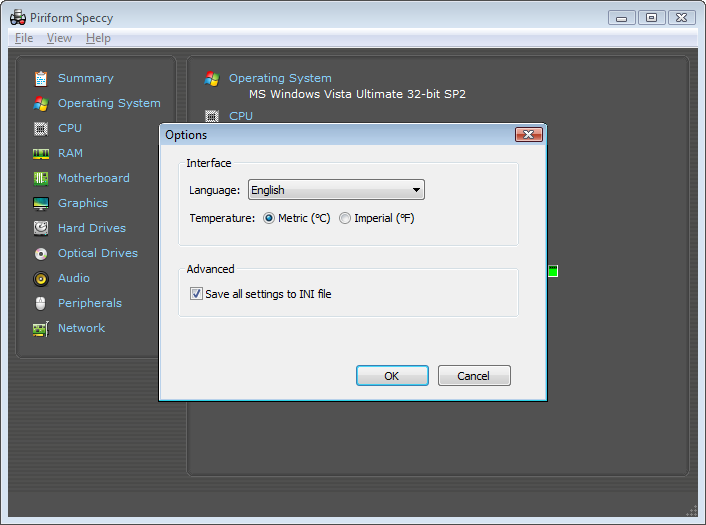 The options window allows you to customize the temperature units, and will be expanded to support many more settings.