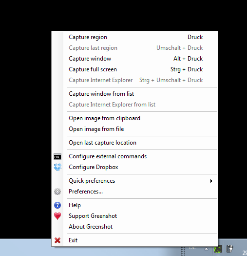 Systray context menu