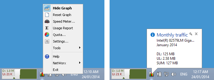 A right-click the NetWorx notification area icon brings up the program’s menu. This menu lets you control the utility. Left-clicking the notification area icon displays the current NetWorx state.