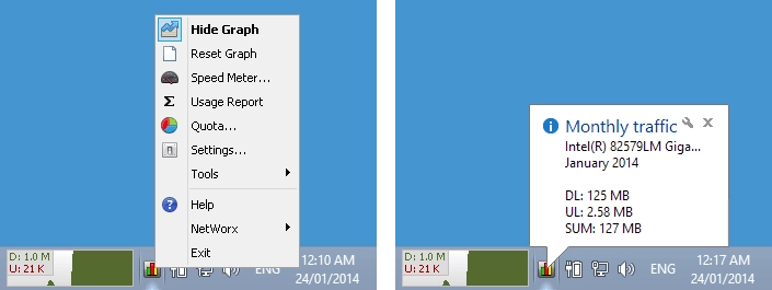 A right-click the NetWorx notification area icon brings up the program’s menu. This menu lets you control the utility. Left-clicking the notification area icon displays the current NetWorx state.