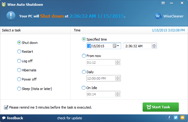 After launching Wise Auto Shutdown, you will find the task and time are listed in two parts.