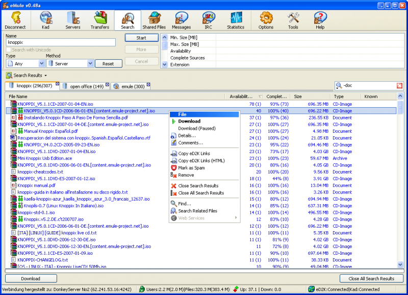 The search dialog offers search parameters and controls to perform searches on ed2k servers, in the kad network or by an external web service.