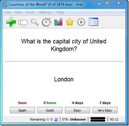 With every question you get either a text field to enter your answer (depending on how the deck was created), or you can simply hit the Show Answer button to reveal the correct answer. 