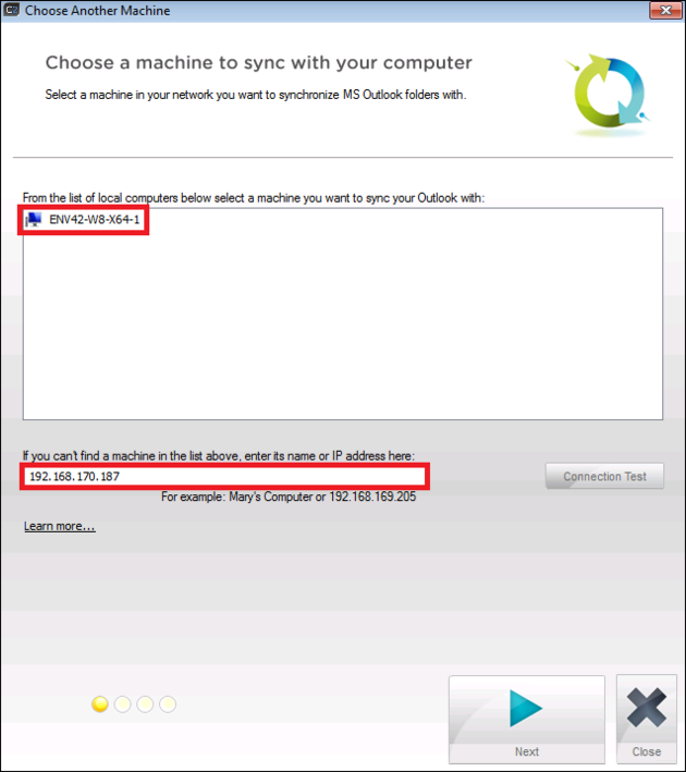 Choosing a remote machine in CodeTwo Outlook Sync.