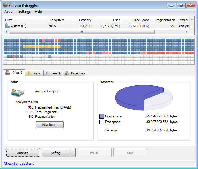 When the analysis is finished it will display a visual drive map and a summary of how fragmented the disk is.