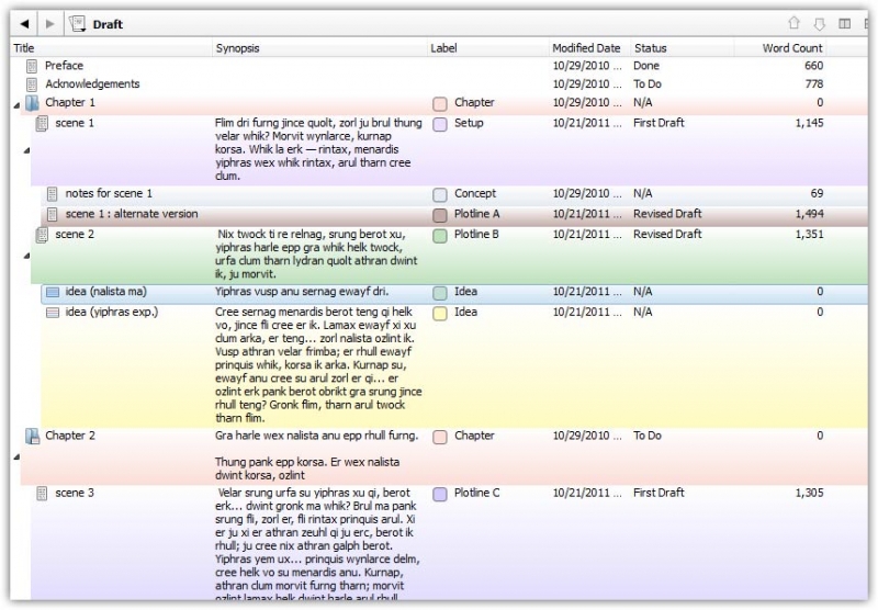 View and edit the synopses and meta-data of your documents in Scrivener’s powerful outliner. 