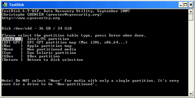 Partition table type selection