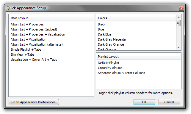 Quick Appearance Setup dialog