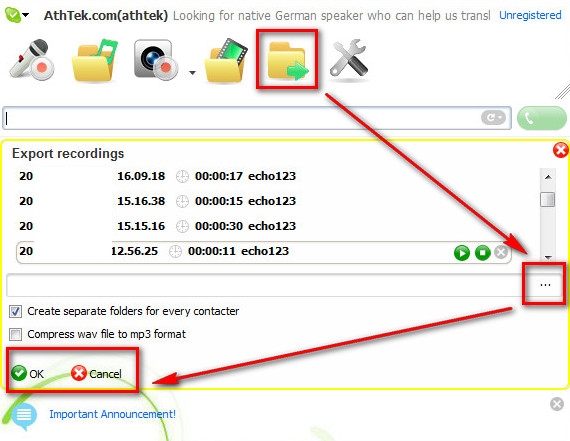 Export Recordings from AthTek Skype Recorder to My Computer
