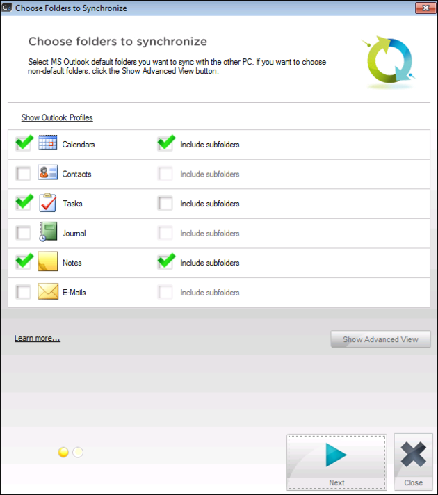 Choosing folders to be synchronized in CodeTwo Outlook Sync.