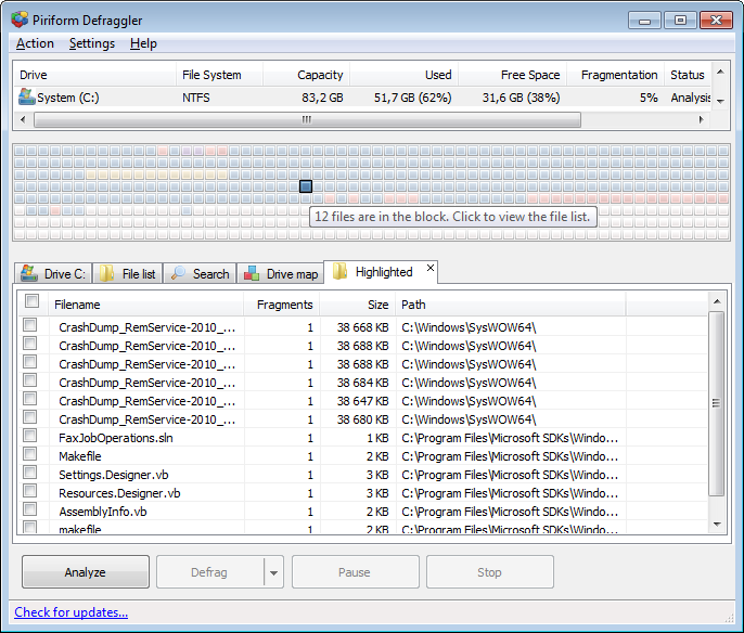 You can click on the drive map blocks to view what files are saved on a specific part of the disk.