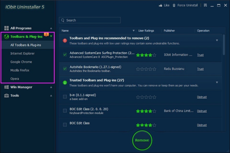 Toolbars & Plug-ins Screen