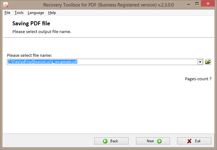 Selection of the name of the output *.pdf file