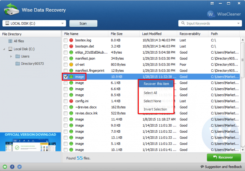 Select the checkbox of the item you want to recover or select the item by a right click. Once you check the item, the recover button will become activated.