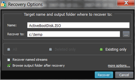 Recovery dialog