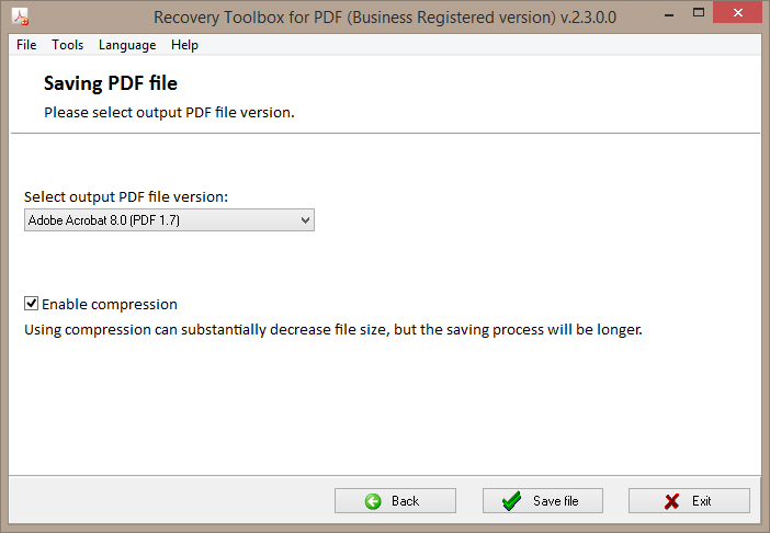 Selection of the version of the output *.pdf file