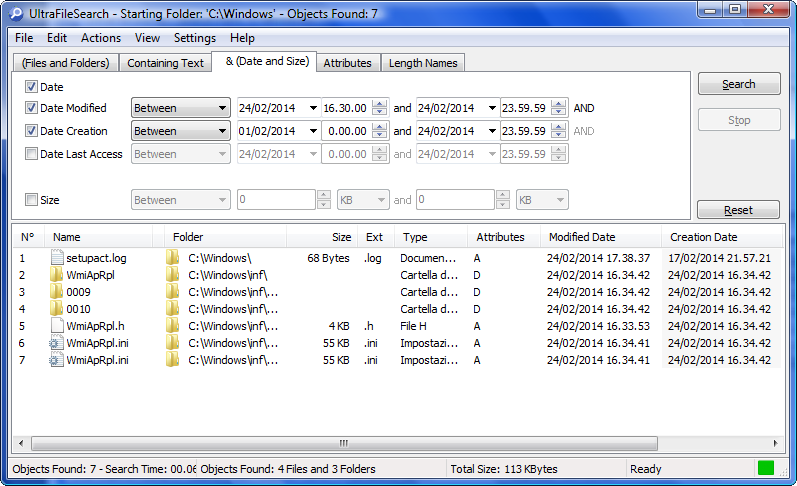 Tab Date and Size - Date Between - Details View Tab Date and Size - Date Between - Details View