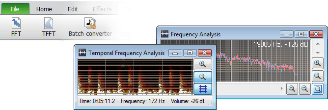 Tools include tone generation, speech synthesis and spectral analysis (FFT). FFT is designed to illustrate the characteristics of audio at one point in time. Audio restoration features include noise reduction and click pop removal.