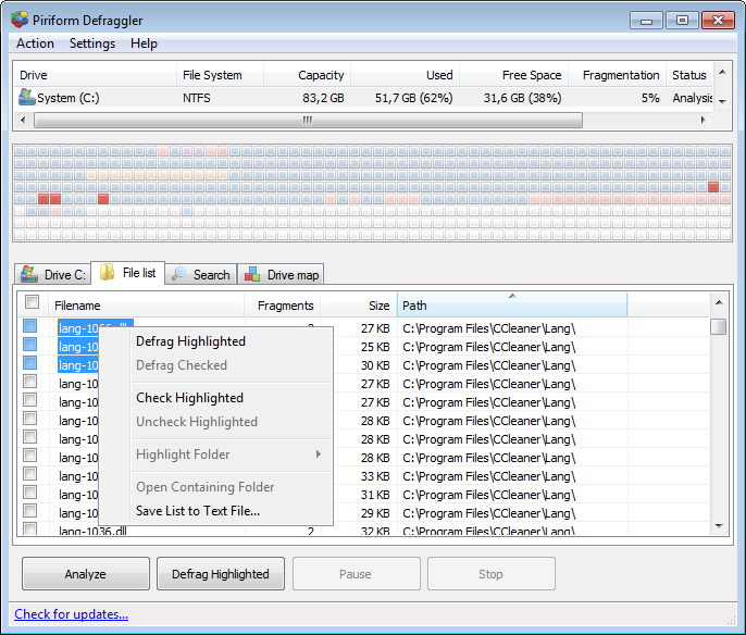 Selecting files from the file list will highlight them on the drive map. You can then defrag them by checking them and clicking the Defrag button (or use the right-click menu).