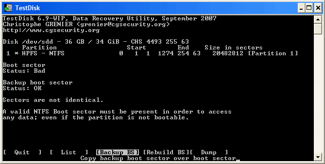 NTFS Boot sector recovery
