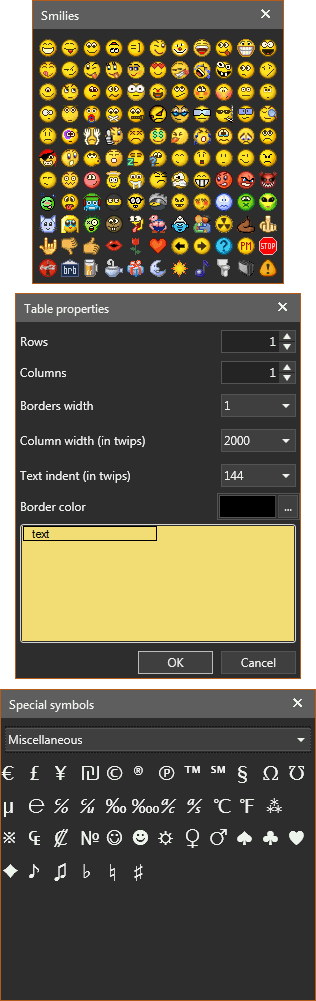 Smilies, tables and special symbols