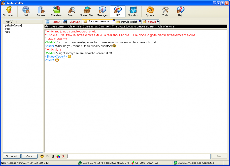 For more easy communication, an integrated IRC client can be used to connect to a chat server.