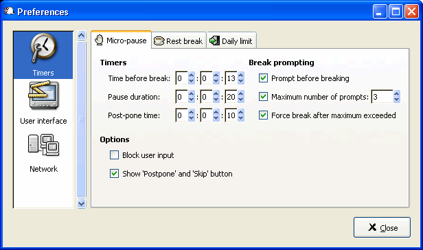 Workrave is fully configurable, here is the configuration dialog