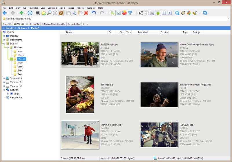 In Tiles and Thumbnails views the basic Photo Data (EXIF) can be shown right at the thumbnails. Note that also the aspect ratio is shown.