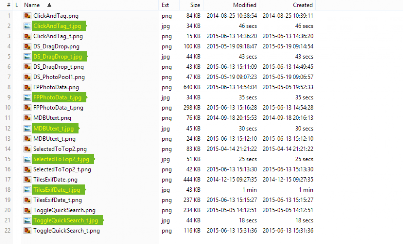 Optionally highlight your new files, for example the greener the younger. Also note how the age is displayed for those very young files below. Not hard to detect what’s new in this list.