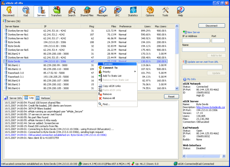 The server dialog provides all information about the servers in your list, the server you are connected to and contains controls to add servers by IP or by downloading a server list.