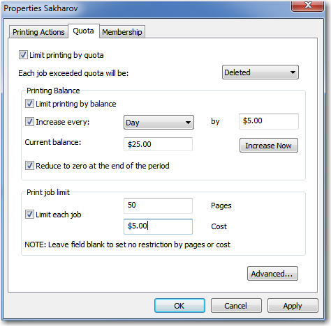 You can forbid or pause printing documents from any user or users group. You can use quotas to limit printing for any object (printer, user or users group).