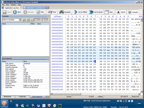 Editing disk in a binary format software Active@ Disk Editor