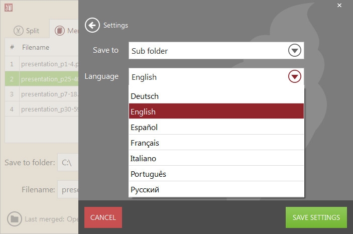 Settings panel