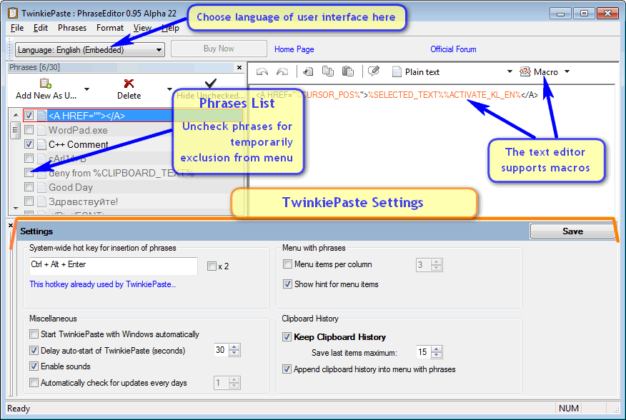 Phrases Editor & Settings