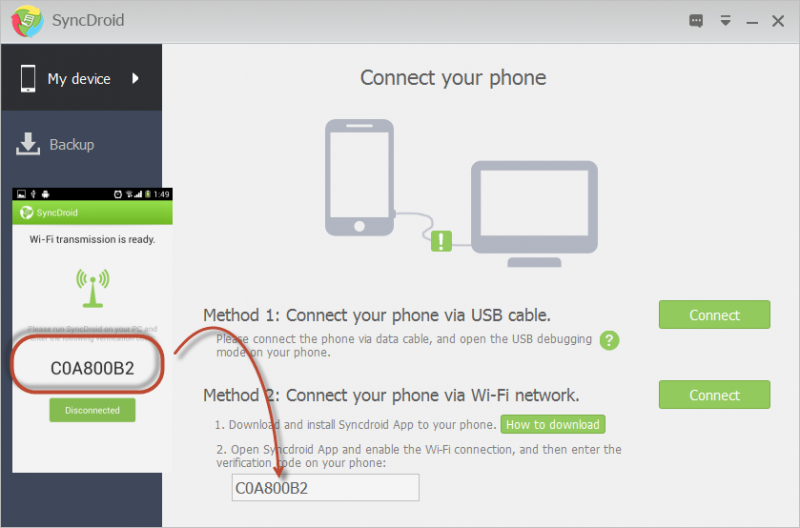Install SyncDroid App to Phone and Connect via Wi-Fi