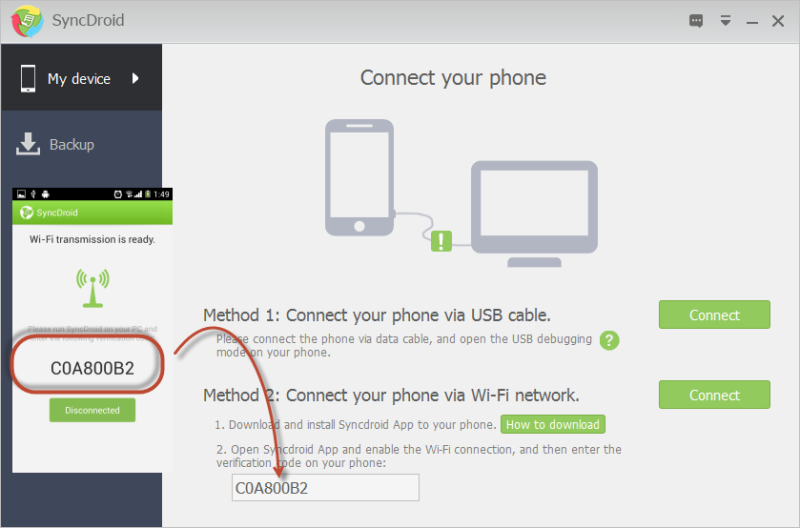 Install SyncDroid App to Phone and Connect via Wi-Fi