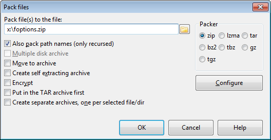 Pack files dialog