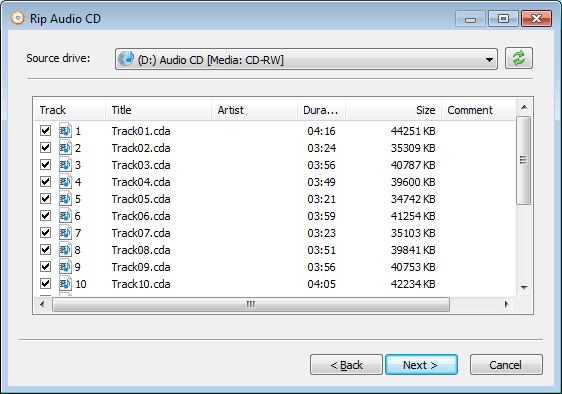 Rip Audio CD to mp3, ape, flac, wma, or wav files