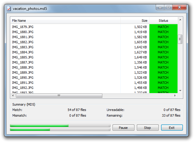 Checksum verification window
