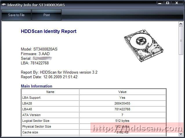 Identity information example for ATA/SATA HDD