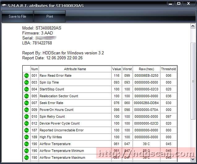 SMART report example for SATA / ATA HDD