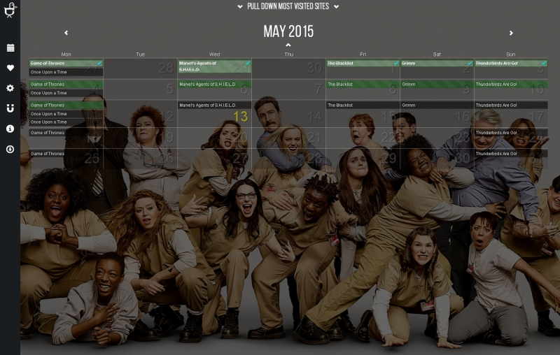 Your main screen is a beautiful calendar with backgrounds tailored to the shows you are watching