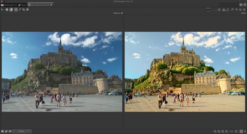 Photo of Mont Saint-Michel developed with a vintage look, uneven vignetting from sky neutralized, shadows lifted using the Tone Mapping tool, golden color cast introduced using Lab curves, and some colors were made to glow using Luminance According to the Chromaticity curves.