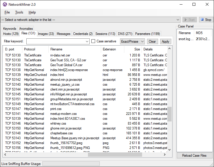 NetworkMiner showing files extracted from sniffed network traffic to disk