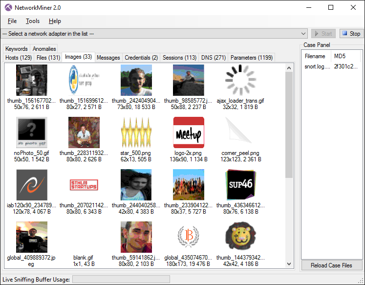 NetworkMiner showing thumbnails for images extracted to disk