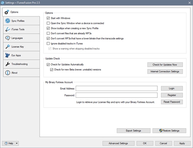 Settings > Options Tab