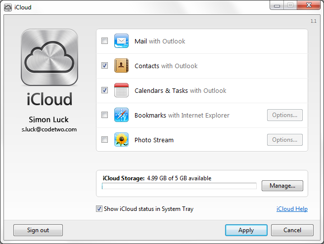 iCloud Control Panel for Windows