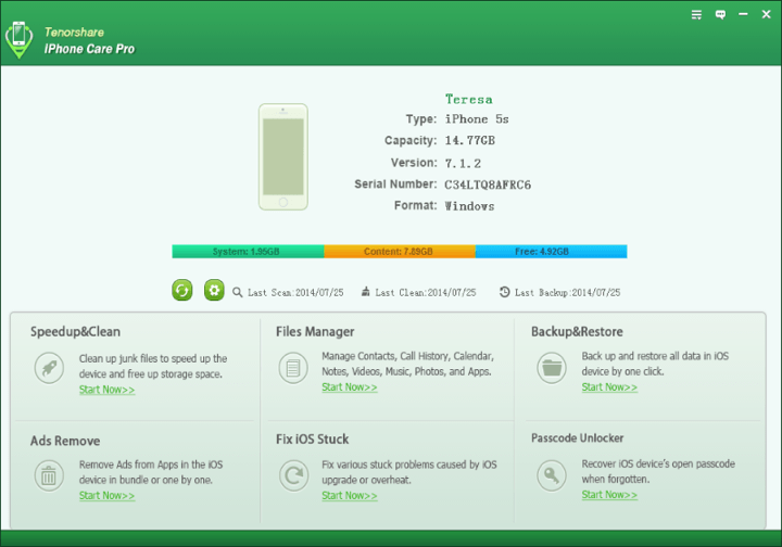 Once the software detects your iOS device, it will display the general usage of your device’s capacity, and the history of scanning, cleaning.
